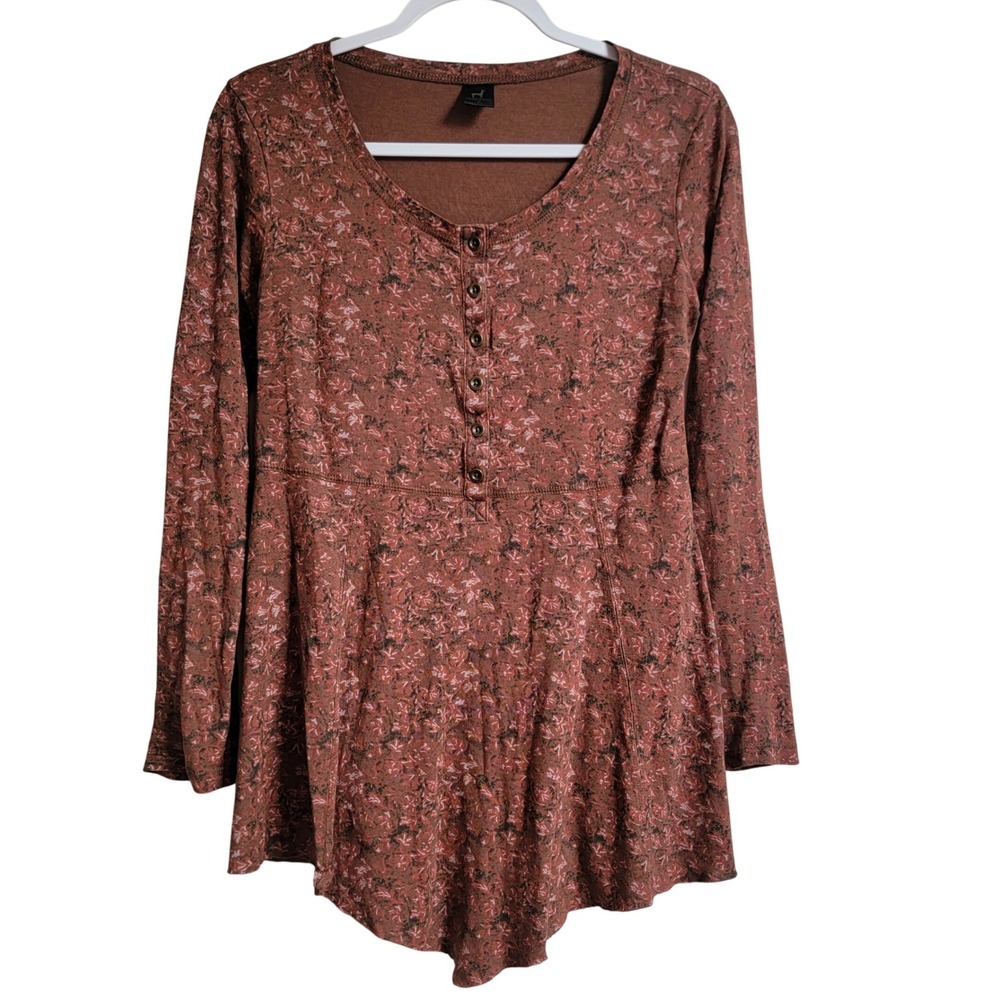 Peruvian Connection Brown Floral‎ Pima Cotton Blend Peplum Tunic Top Small Boho